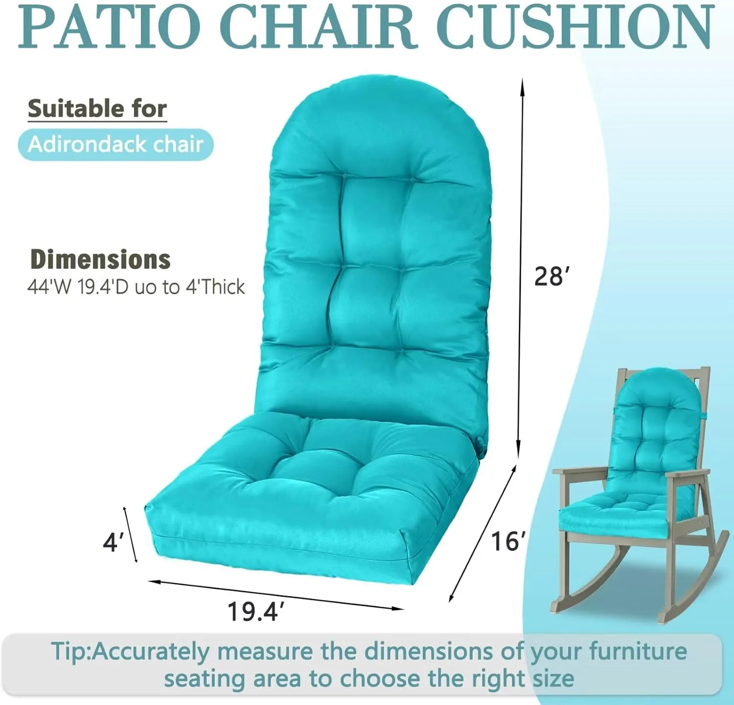 Adirondack Chair Cushion, Rocking Cushions 44x19.4x4 inch, High Back Patio Recliner Cushion of Upper and Lower with Ties, Sunscreen and Fade-Resistant Lake Blue，1