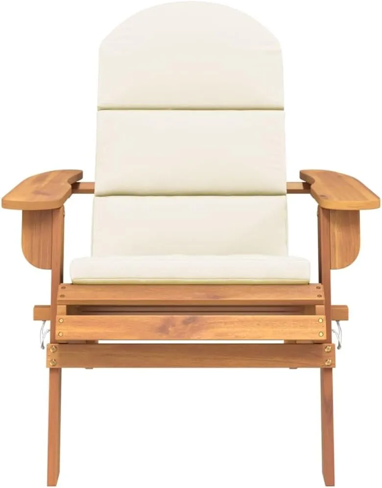 Adirondack Patio Chair with Cream Cushions Solid Acacia Wood Foldable Outdoor Lounge Chair for Poolside, Beach, Garden, Deck Furniture
