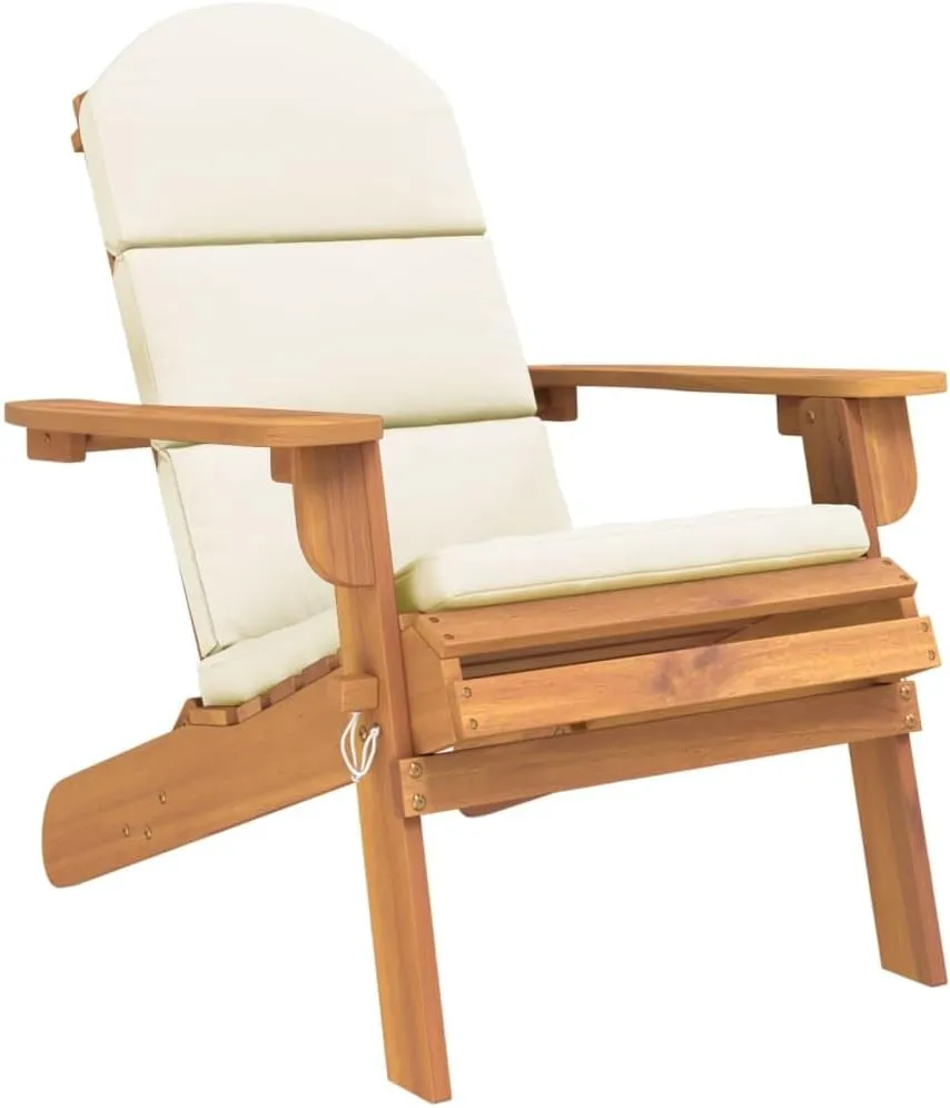 Adirondack Patio Chair with Cream Cushions Solid Acacia Wood Foldable Outdoor Lounge Chair for Poolside, Beach, Garden, Deck Furniture