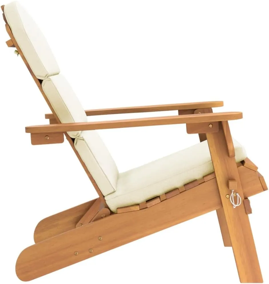 Adirondack Patio Chair with Cream Cushions Solid Acacia Wood Foldable Outdoor Lounge Chair for Poolside, Beach, Garden, Deck Furniture