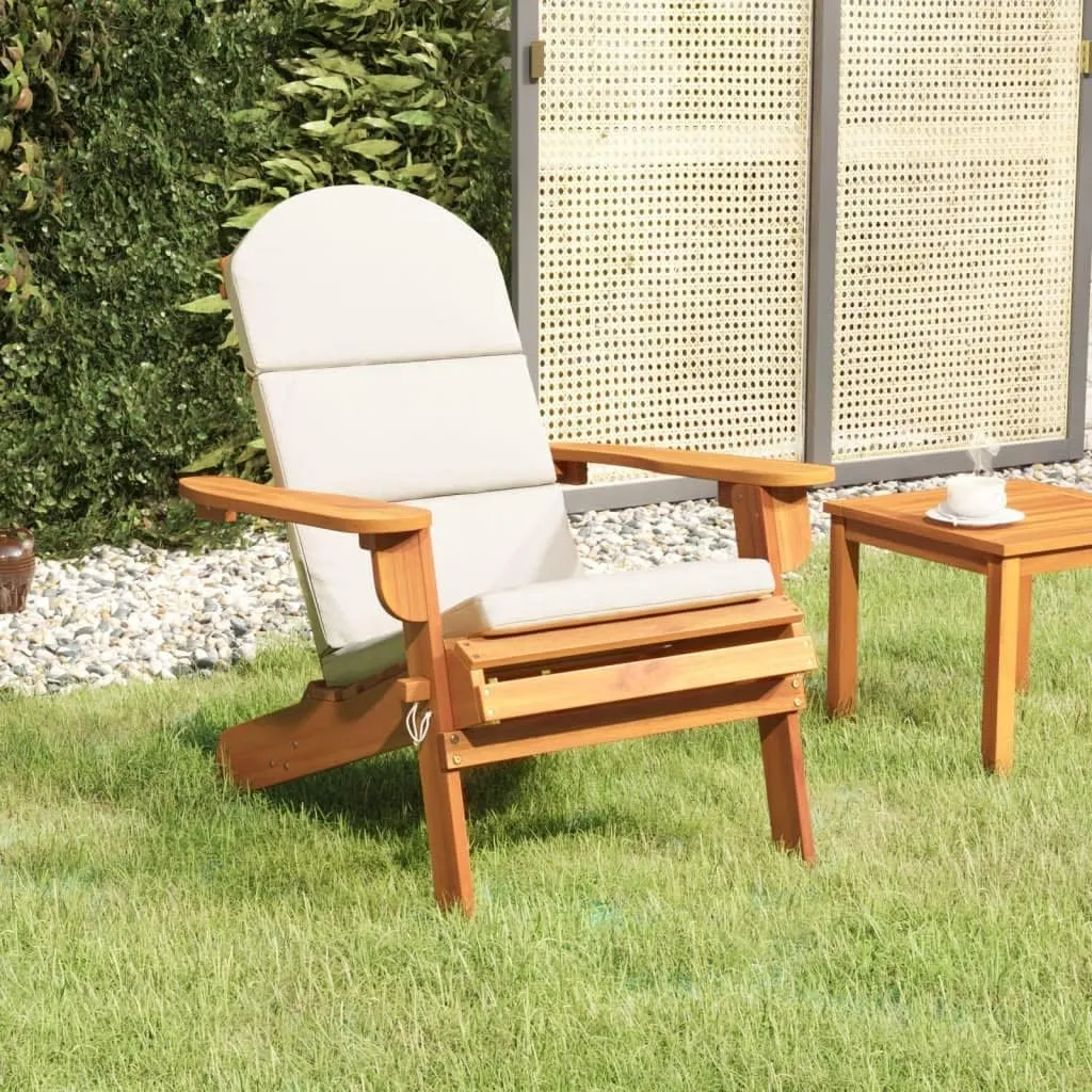 Adirondack Patio Chair with Cream Cushions Solid Acacia Wood Foldable Outdoor Lounge Chair for Poolside, Beach, Garden, Deck Furniture
