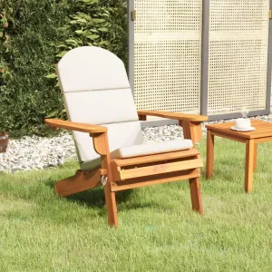 Adirondack Patio Chair with Cream Cushions Solid Acacia Wood Foldable Outdoor Lounge Chair for Poolside, Beach, Garden, Deck Furniture
