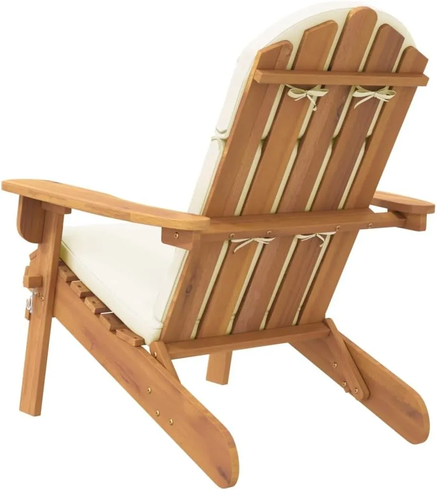 Adirondack Patio Chair with Cream Cushions Solid Acacia Wood Foldable Outdoor Lounge Chair for Poolside, Beach, Garden, Deck Furniture