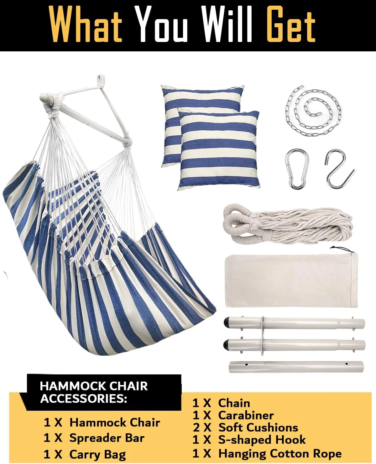 ADVOKAIR Hammock Chair Hanging Chair Rope Swing XXL - Max 500lbs, 70in Large Hammock Swing Chair -Portable Steel Spreader Bar with Anti-Slip Rings-Roomy & Strong