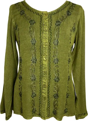 Agan Traders 2025 Spring Long Sleeve Button Down Bohemian Tops for Women - Embroidered Blouse Shirt with Adjustable Rope Ties