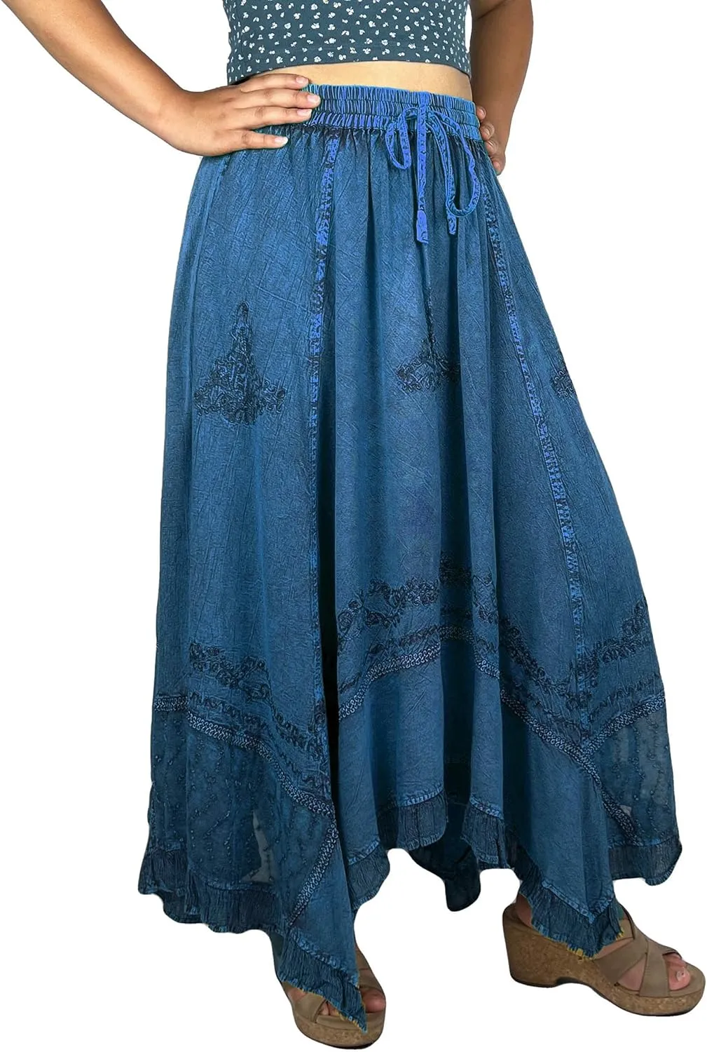 Agan Traders 2025 Spring Women's Flowy Handkerchief Hemline Midi Maxi Skirts for Women - Gypsy Embroidered Ruffle Long Skirts