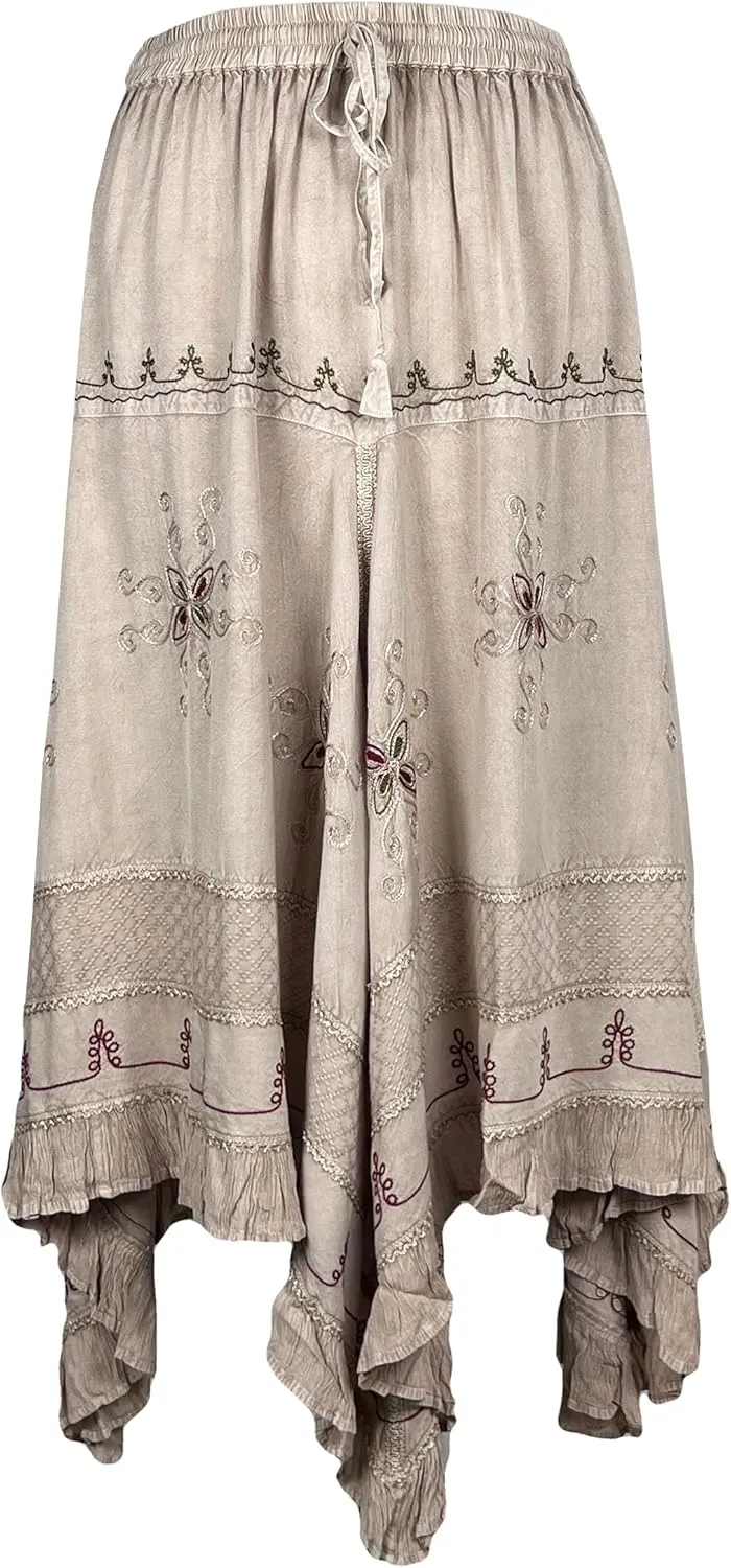 Agan Traders 2025 Spring Women's Flowy Handkerchief Hemline Midi Maxi Skirts for Women - Gypsy Embroidered Ruffle Long Skirts