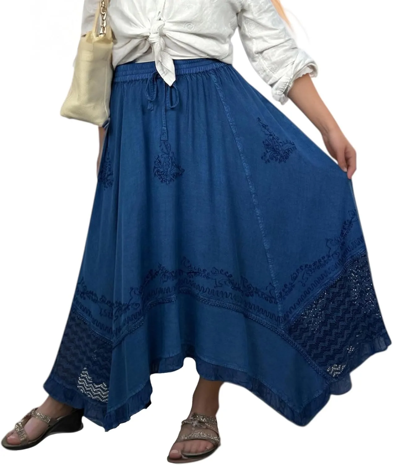 Agan Traders 2025 Spring Women's Flowy Handkerchief Hemline Midi Maxi Skirts for Women - Gypsy Embroidered Ruffle Long Skirts