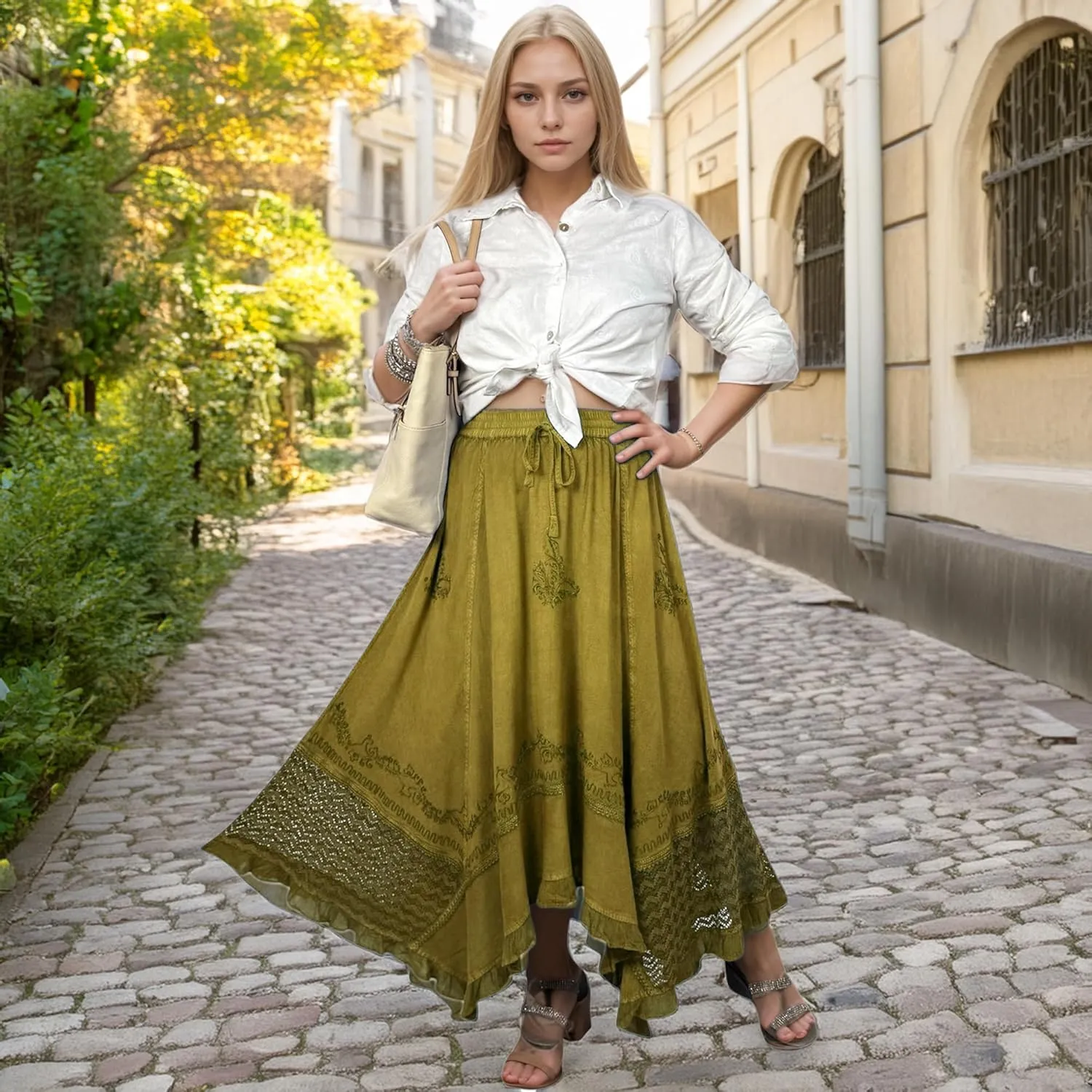 Agan Traders 2025 Spring Women's Flowy Handkerchief Hemline Midi Maxi Skirts for Women - Gypsy Embroidered Ruffle Long Skirts