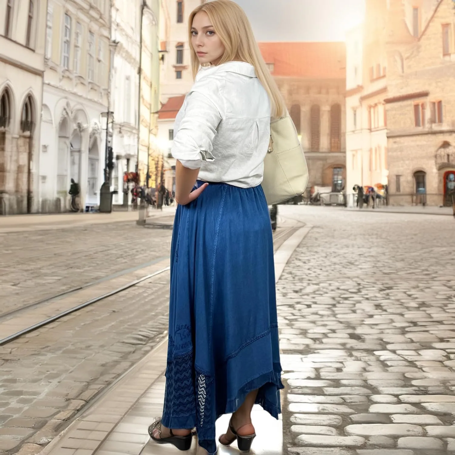 Agan Traders 2025 Spring Women's Flowy Handkerchief Hemline Midi Maxi Skirts for Women - Gypsy Embroidered Ruffle Long Skirts