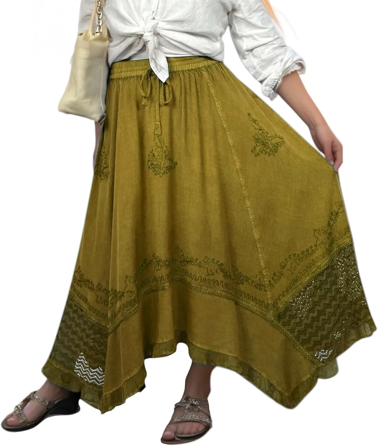 Agan Traders 2025 Spring Women's Flowy Handkerchief Hemline Midi Maxi Skirts for Women - Gypsy Embroidered Ruffle Long Skirts