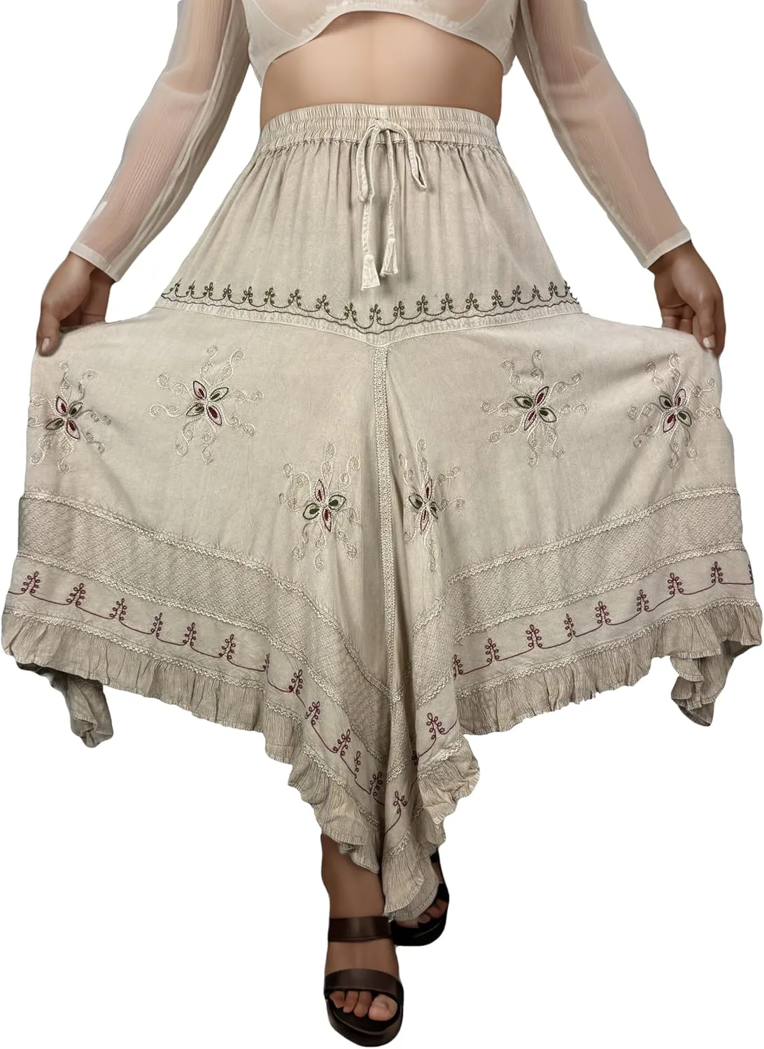 Agan Traders 2025 Spring Women's Flowy Handkerchief Hemline Midi Maxi Skirts for Women - Gypsy Embroidered Ruffle Long Skirts