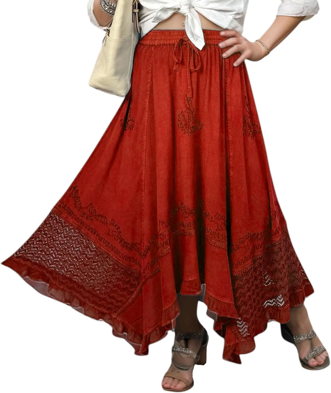 Agan Traders 2025 Spring Women's Flowy Handkerchief Hemline Midi Maxi Skirts for Women - Gypsy Embroidered Ruffle Long Skirts