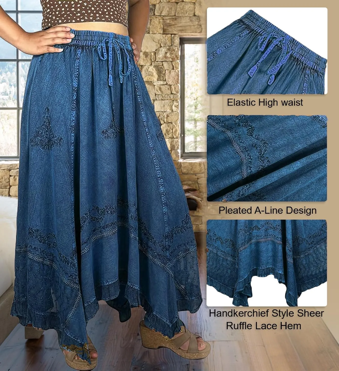 Agan Traders 2025 Spring Women's Flowy Handkerchief Hemline Midi Maxi Skirts for Women - Gypsy Embroidered Ruffle Long Skirts