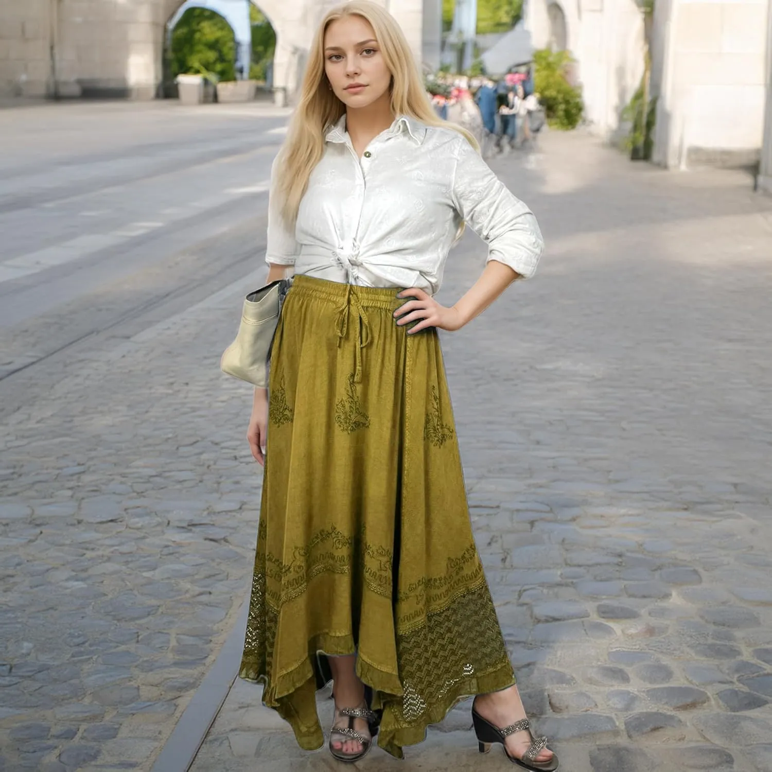 Agan Traders 2025 Spring Women's Flowy Handkerchief Hemline Midi Maxi Skirts for Women - Gypsy Embroidered Ruffle Long Skirts