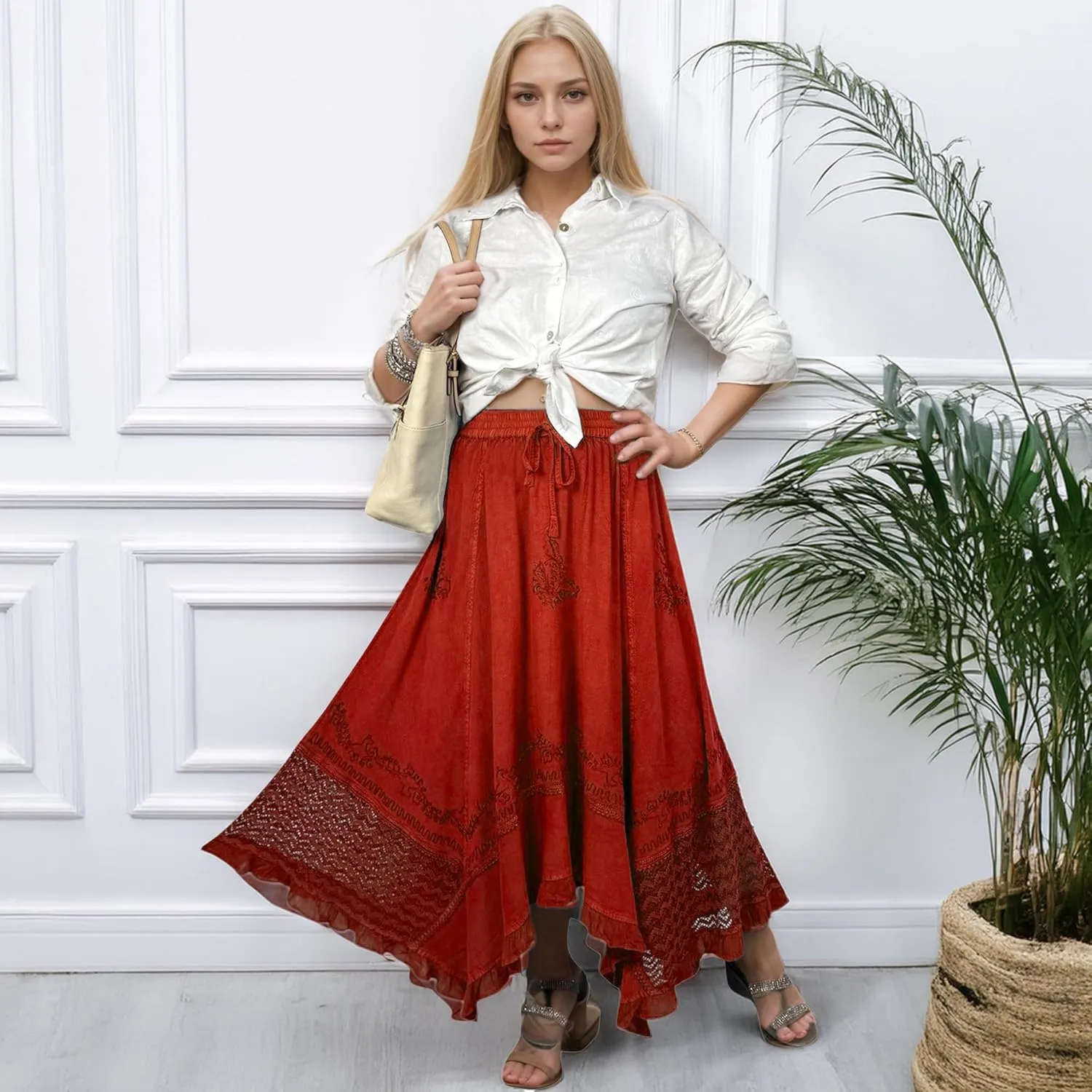 Agan Traders 2025 Spring Women's Flowy Handkerchief Hemline Midi Maxi Skirts for Women - Gypsy Embroidered Ruffle Long Skirts