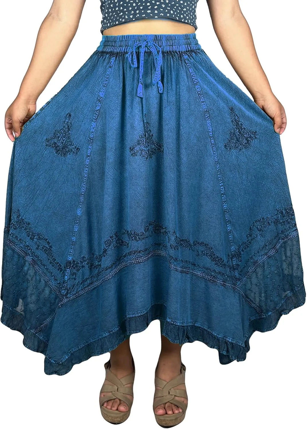 Agan Traders 2025 Spring Women's Flowy Handkerchief Hemline Midi Maxi Skirts for Women - Gypsy Embroidered Ruffle Long Skirts