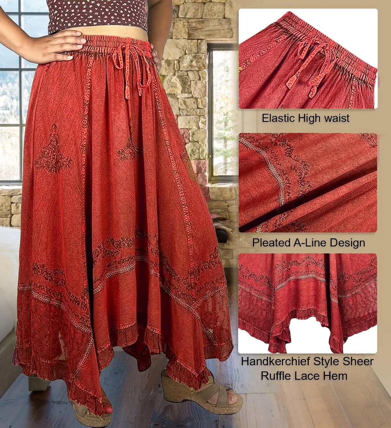 Agan Traders 2025 Spring Women's Flowy Handkerchief Hemline Midi Maxi Skirts for Women - Gypsy Embroidered Ruffle Long Skirts
