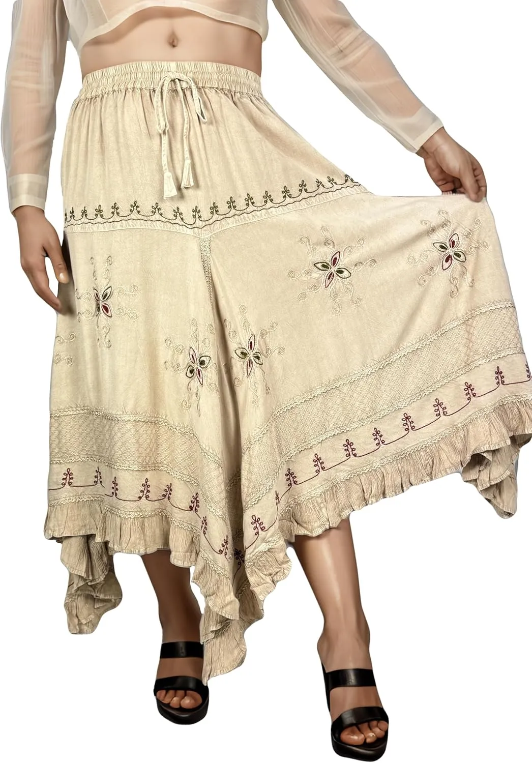 Agan Traders 2025 Spring Women's Flowy Handkerchief Hemline Midi Maxi Skirts for Women - Gypsy Embroidered Ruffle Long Skirts