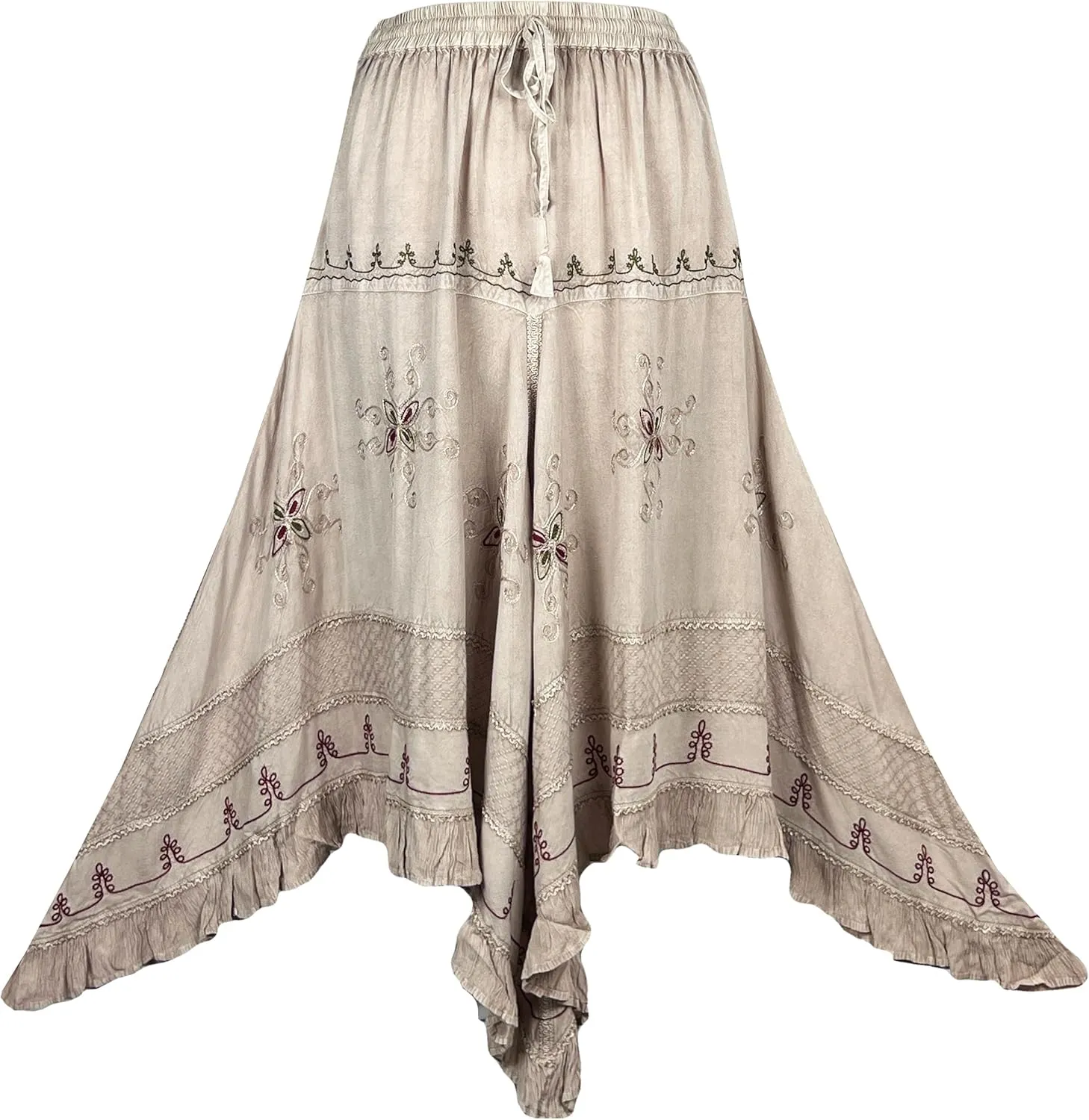 Agan Traders 2025 Spring Women's Flowy Handkerchief Hemline Midi Maxi Skirts for Women - Gypsy Embroidered Ruffle Long Skirts