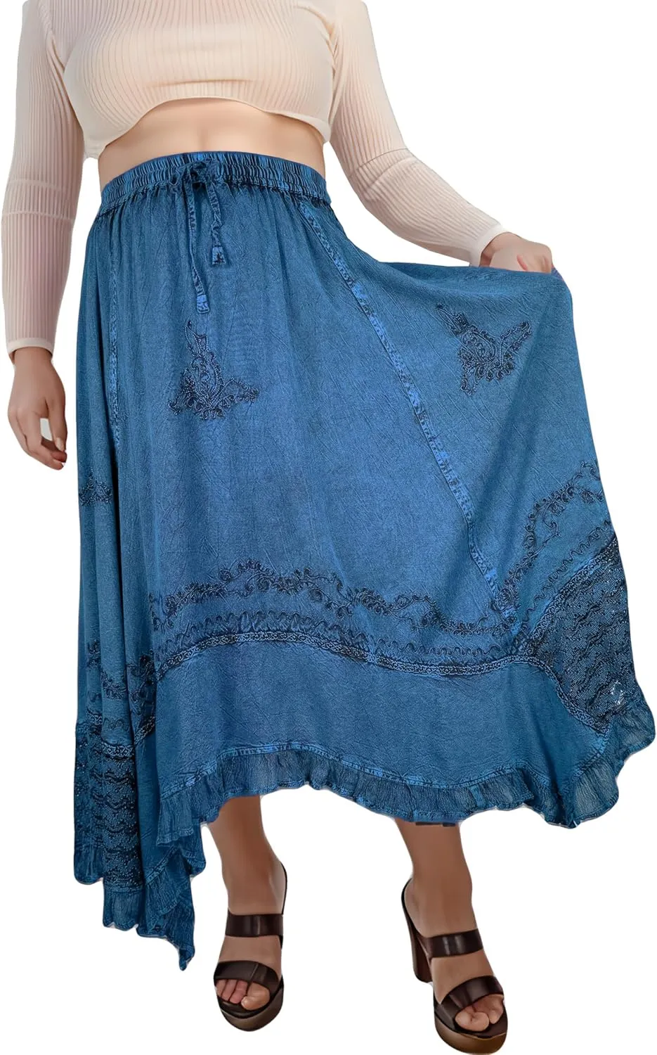 Agan Traders 2025 Spring Women's Flowy Handkerchief Hemline Midi Maxi Skirts for Women - Gypsy Embroidered Ruffle Long Skirts
