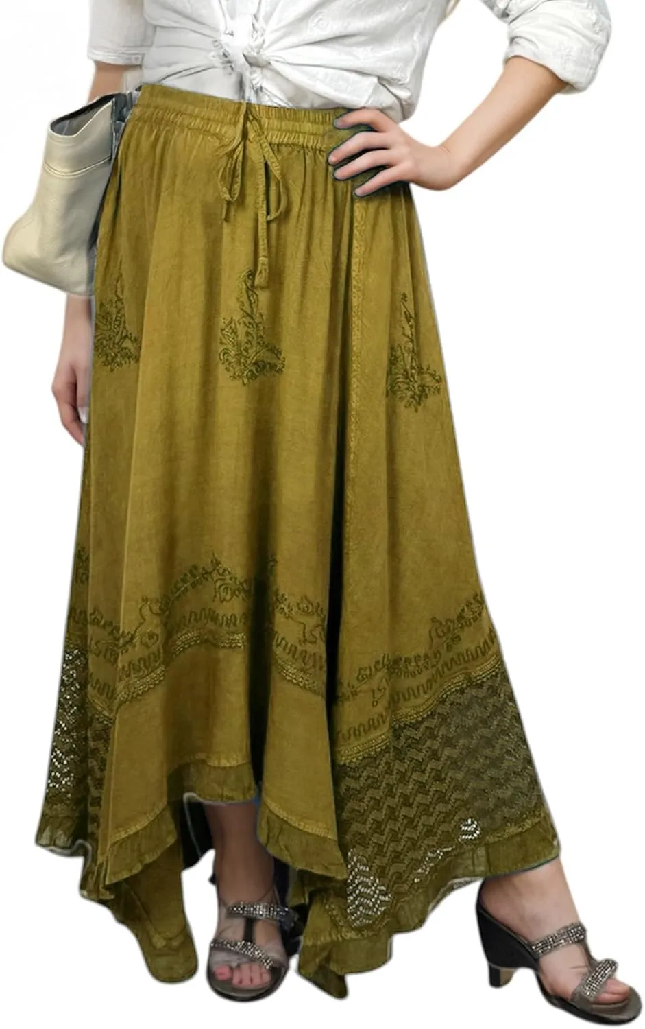 Agan Traders 2025 Spring Women's Flowy Handkerchief Hemline Midi Maxi Skirts for Women - Gypsy Embroidered Ruffle Long Skirts