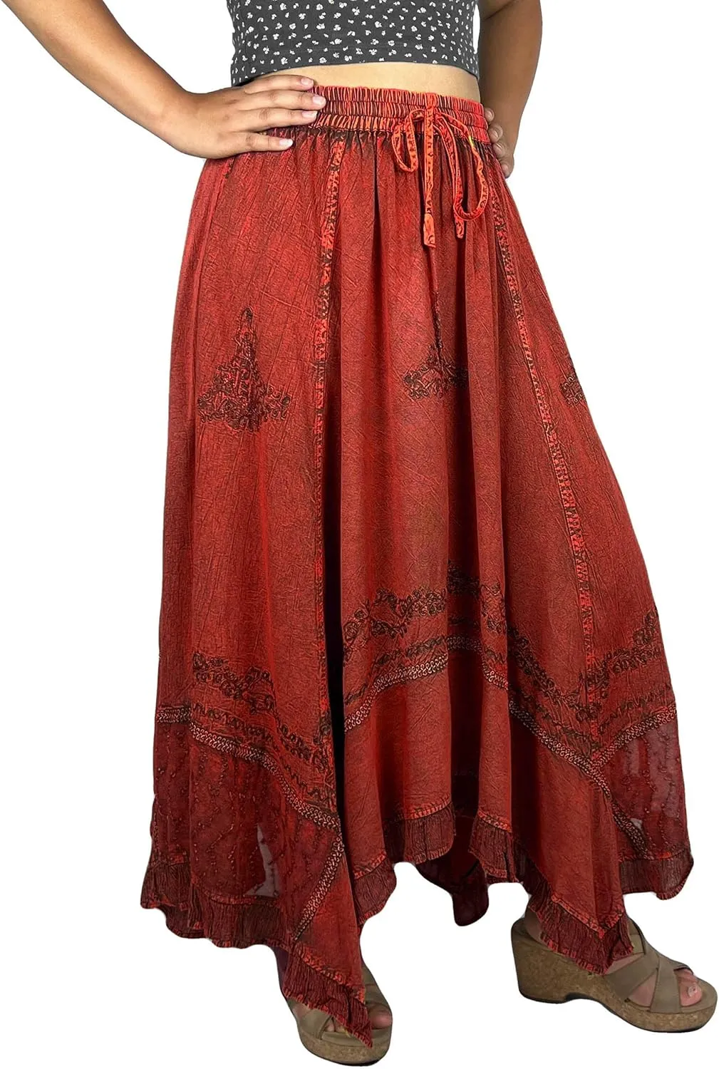 Agan Traders 2025 Spring Women's Flowy Handkerchief Hemline Midi Maxi Skirts for Women - Gypsy Embroidered Ruffle Long Skirts