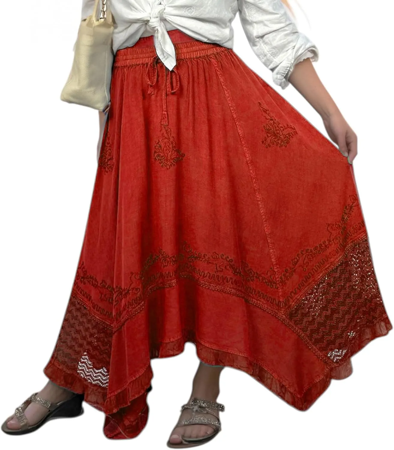 Agan Traders 2025 Spring Women's Flowy Handkerchief Hemline Midi Maxi Skirts for Women - Gypsy Embroidered Ruffle Long Skirts