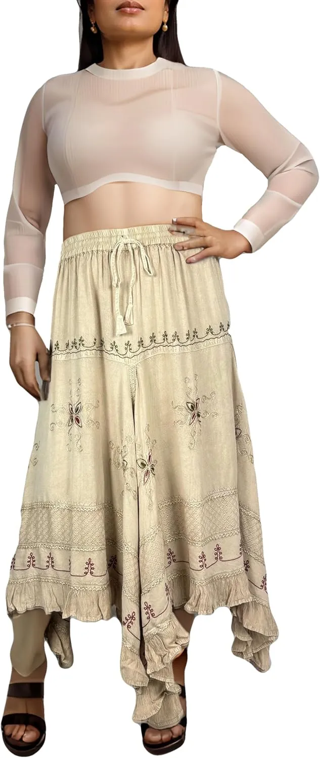 Agan Traders 2025 Spring Women's Flowy Handkerchief Hemline Midi Maxi Skirts for Women - Gypsy Embroidered Ruffle Long Skirts