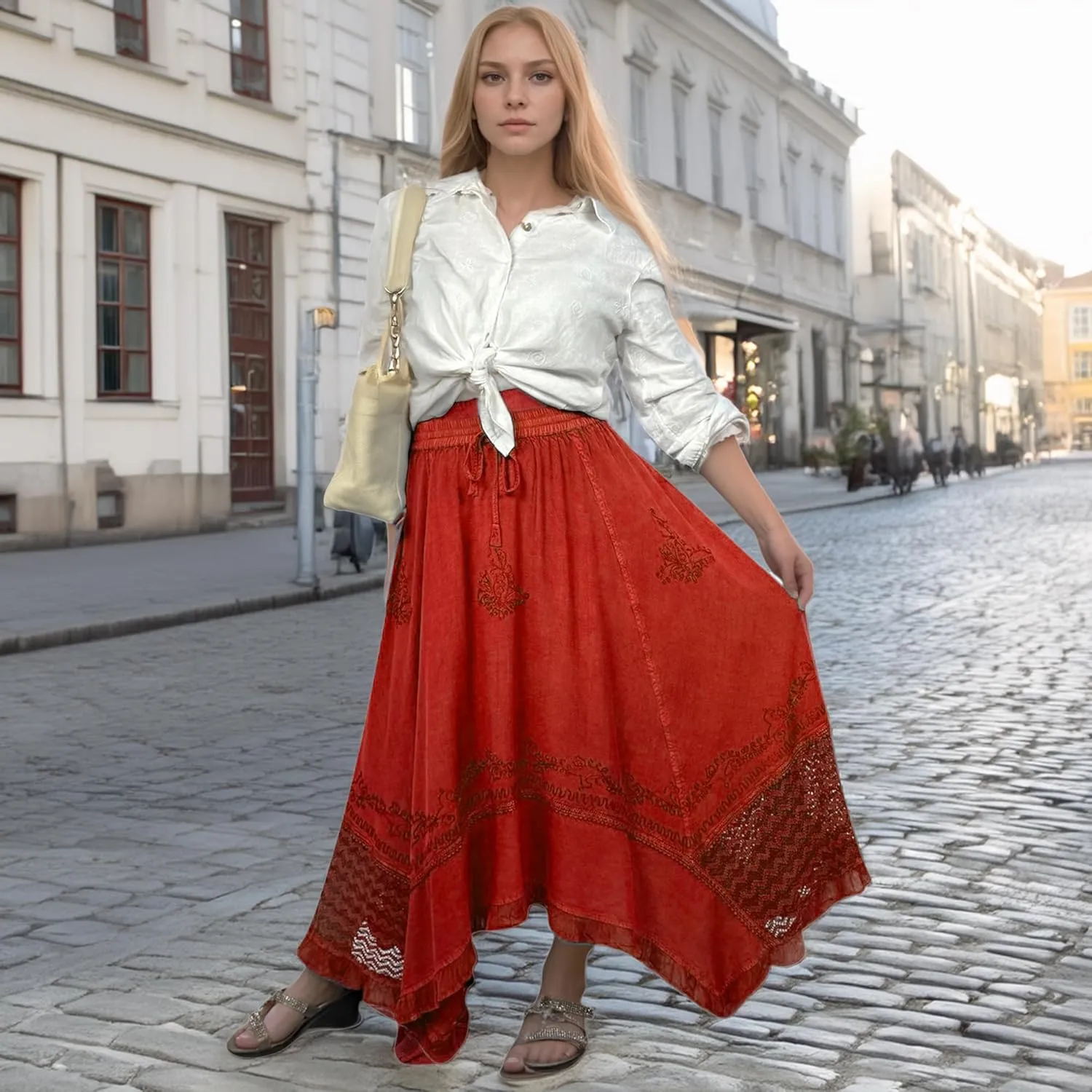 Agan Traders 2025 Spring Women's Flowy Handkerchief Hemline Midi Maxi Skirts for Women - Gypsy Embroidered Ruffle Long Skirts