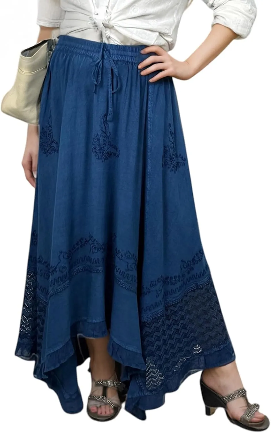 Agan Traders 2025 Spring Women's Flowy Handkerchief Hemline Midi Maxi Skirts for Women - Gypsy Embroidered Ruffle Long Skirts