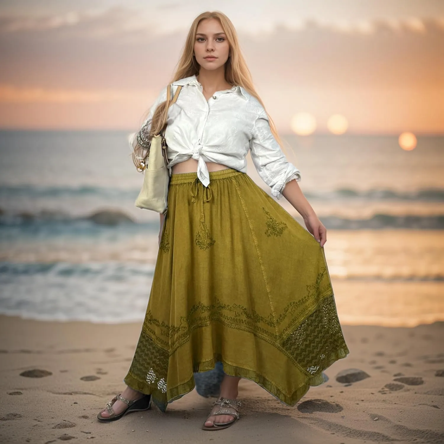 Agan Traders 2025 Spring Women's Flowy Handkerchief Hemline Midi Maxi Skirts for Women - Gypsy Embroidered Ruffle Long Skirts