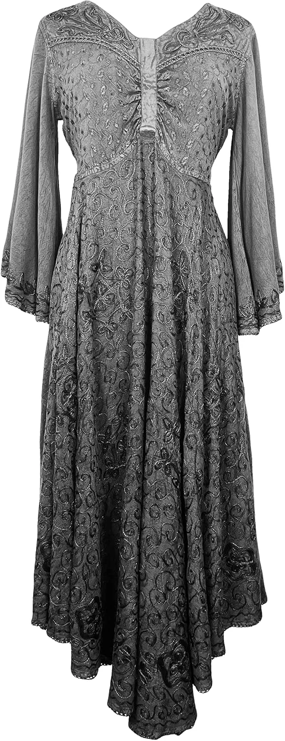 Agan Traders Women's 2025 Sping Bohemian Medieval Renaissance Embroidered Bell Sleeve Flared Calf Length Dress Gown
