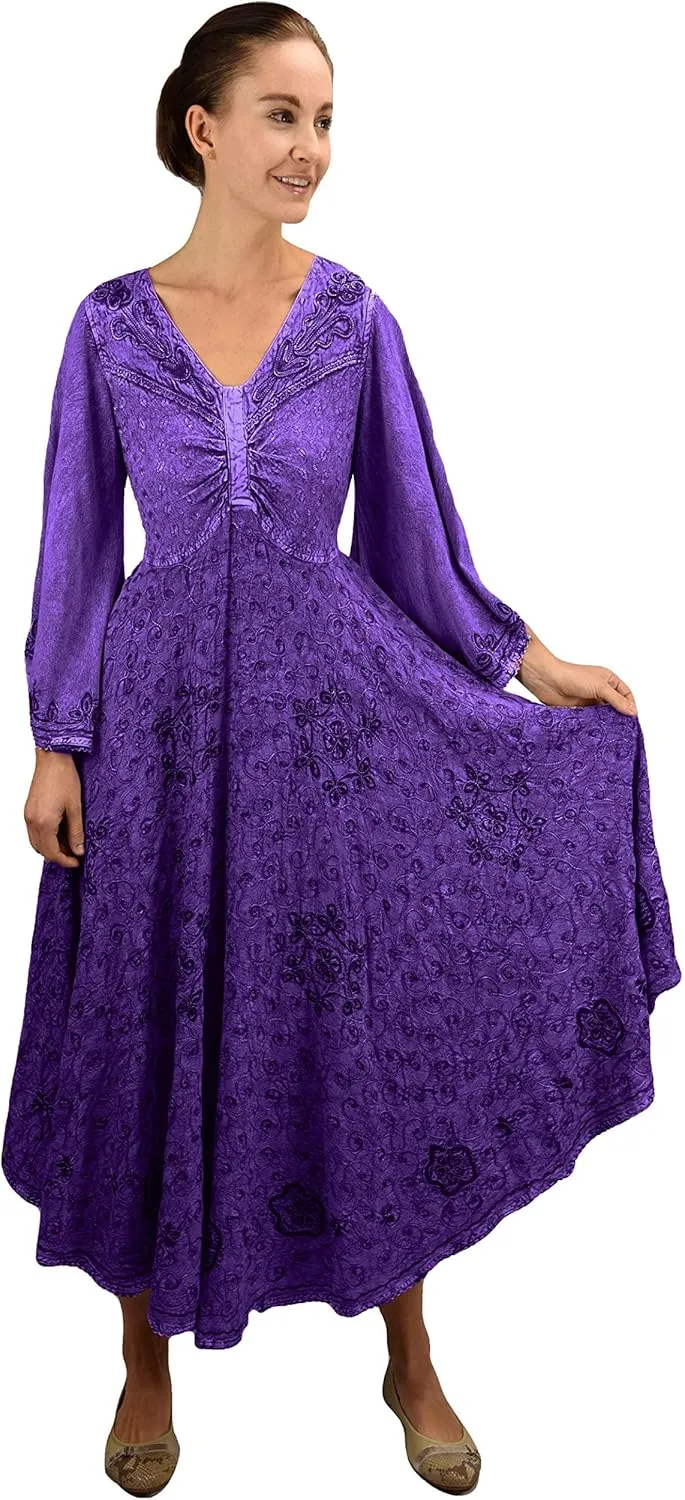 Agan Traders Women's 2025 Sping Bohemian Medieval Renaissance Embroidered Bell Sleeve Flared Calf Length Dress Gown