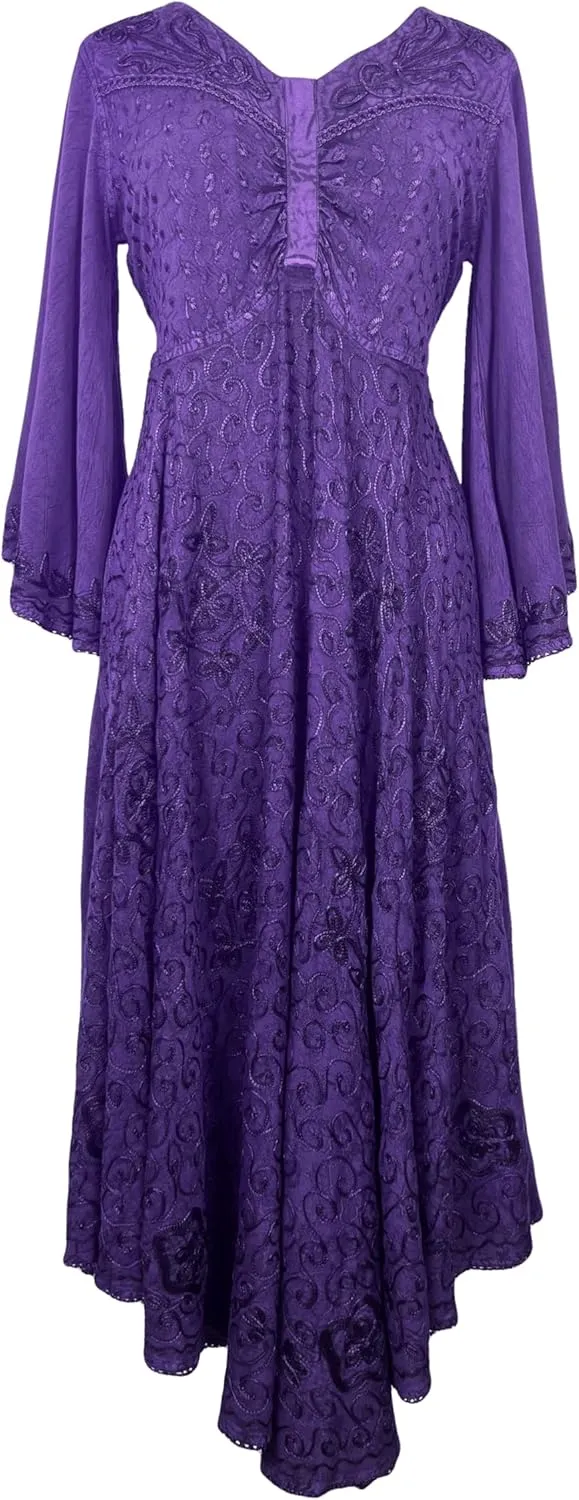 Agan Traders Women's 2025 Sping Bohemian Medieval Renaissance Embroidered Bell Sleeve Flared Calf Length Dress Gown
