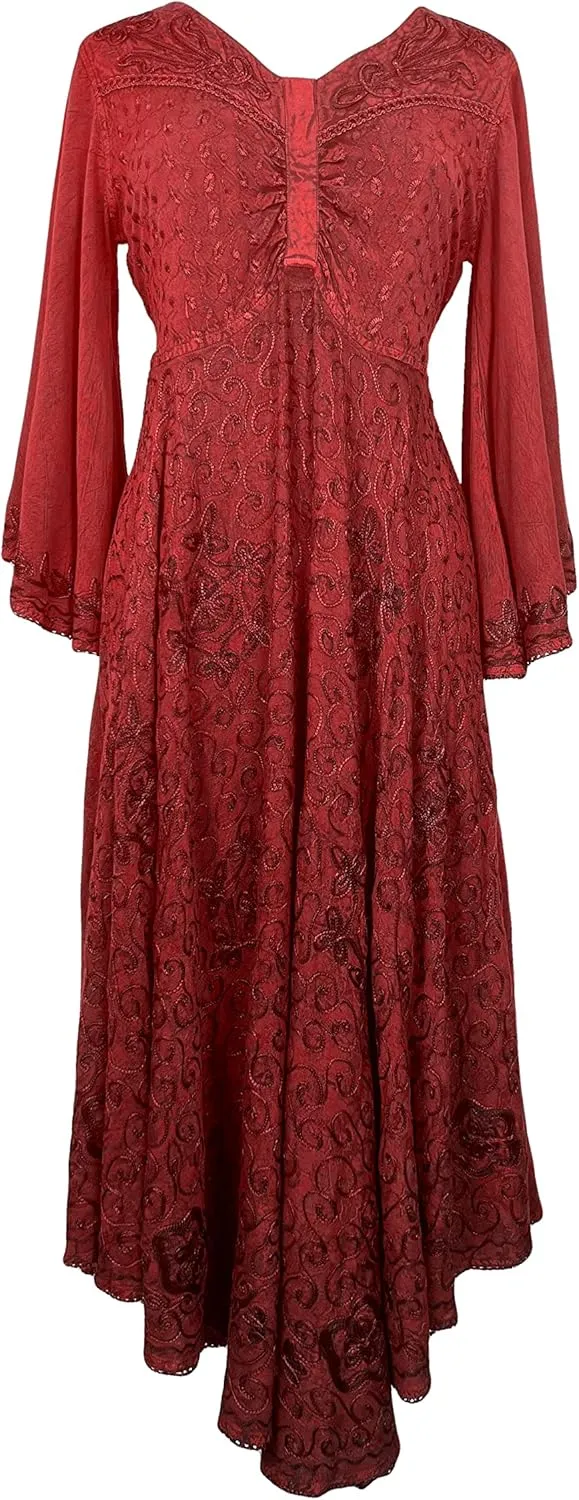 Agan Traders Women's 2025 Sping Bohemian Medieval Renaissance Embroidered Bell Sleeve Flared Calf Length Dress Gown