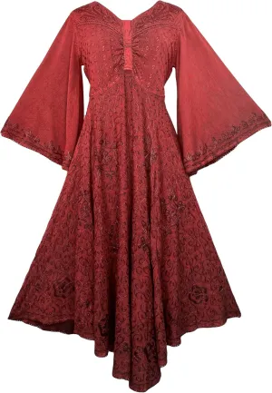 Agan Traders Women's 2025 Sping Bohemian Medieval Renaissance Embroidered Bell Sleeve Flared Calf Length Dress Gown
