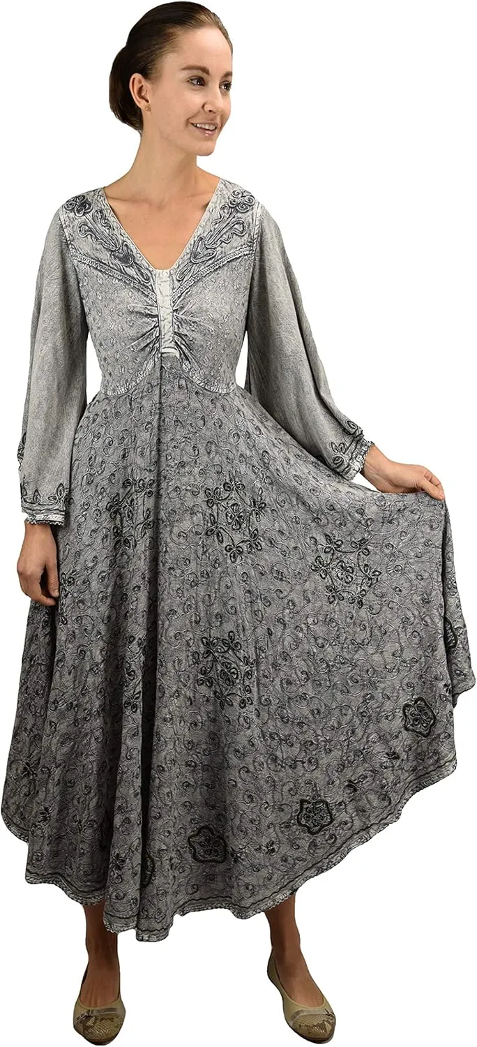 Agan Traders Women's 2025 Sping Bohemian Medieval Renaissance Embroidered Bell Sleeve Flared Calf Length Dress Gown
