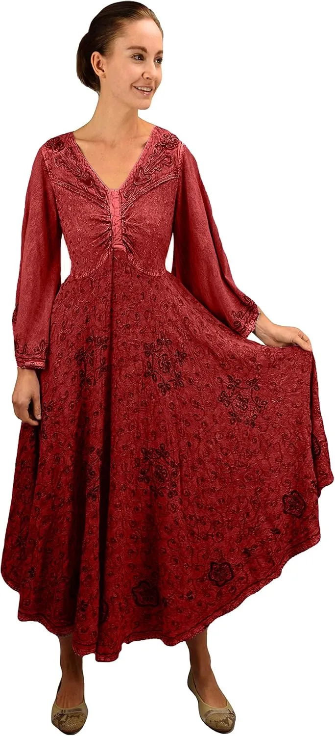 Agan Traders Women's 2025 Sping Bohemian Medieval Renaissance Embroidered Bell Sleeve Flared Calf Length Dress Gown