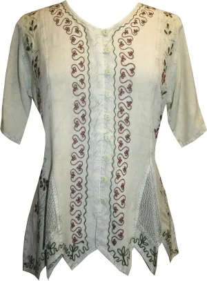 Agan Traders Women's 2025 Summer Renaissance Gypsy Medieval Netted - Asymmetrical Hem Vintage Button Down Short Sleeve Top