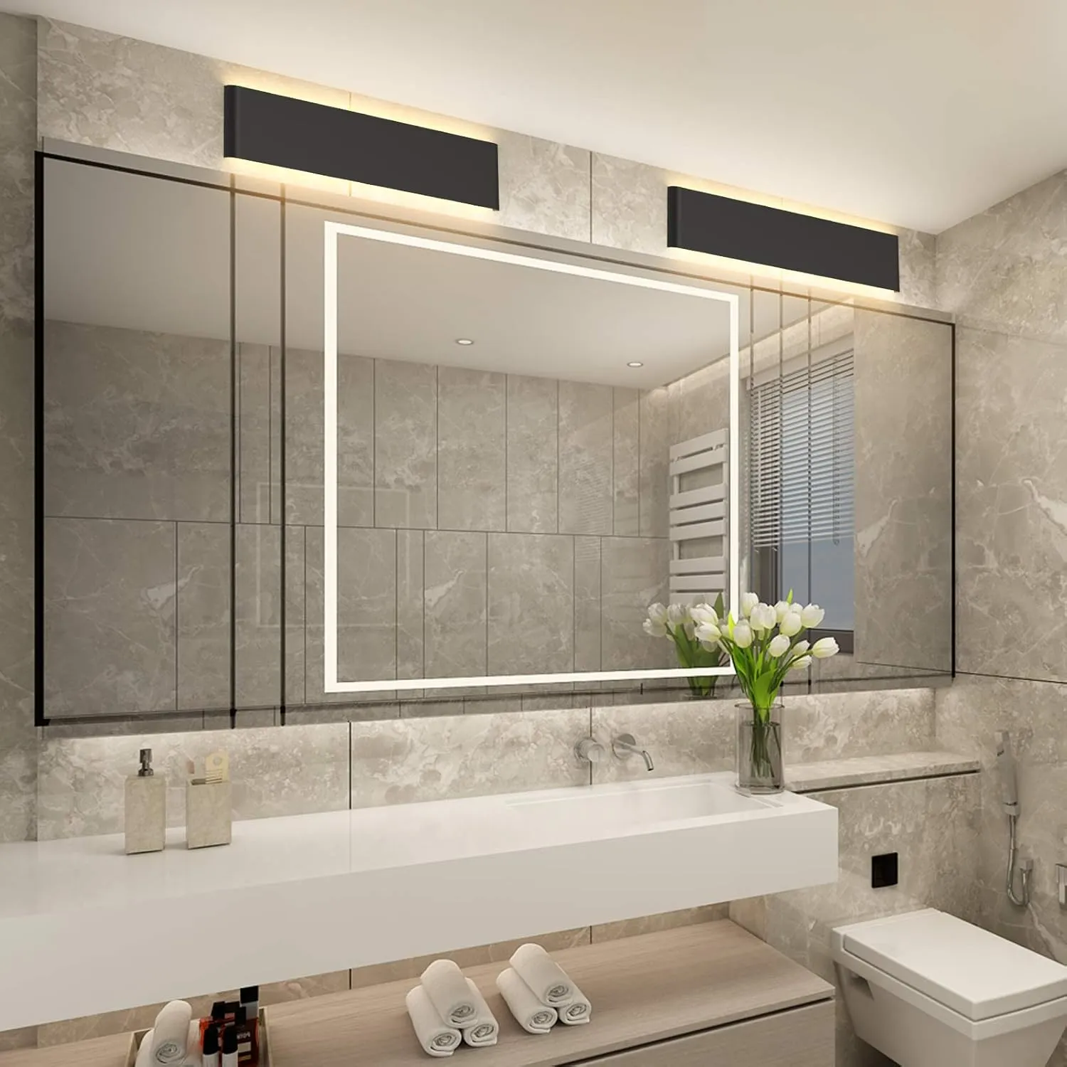 Aipsun 20W/24in Rectangular LED Black Modern Wall Sconce Horizontal Up and Down Wall Mount Light for Indoor Vanity Bar Light Bedroom Living Room Bathroom Home Lighting Fixtures (Warm White 3000K)