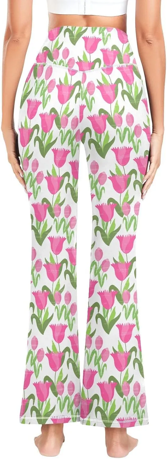 ALAZA Women's Watercolor Pink Roses Blooming Garden Flowers Flare Yoga Pants