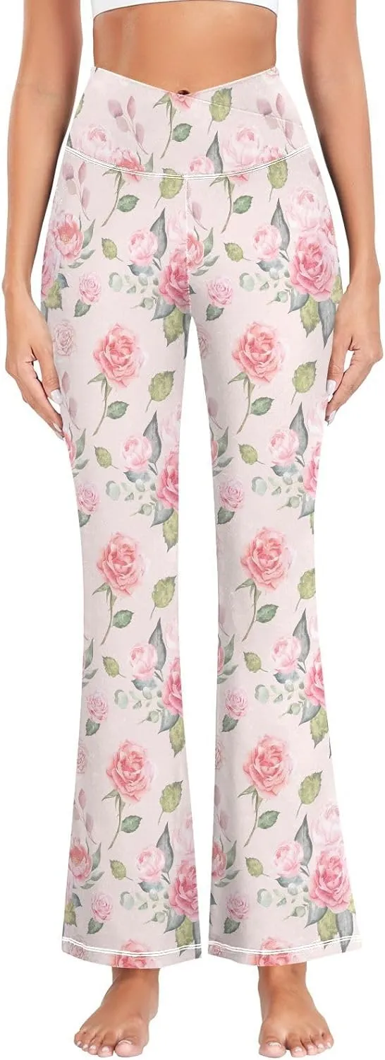 ALAZA Women's Watercolor Pink Roses Blooming Garden Flowers Flare Yoga Pants