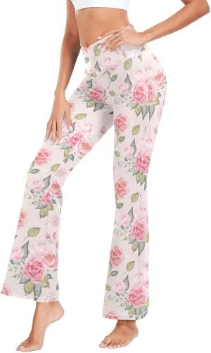 ALAZA Women's Watercolor Pink Roses Blooming Garden Flowers Flare Yoga Pants