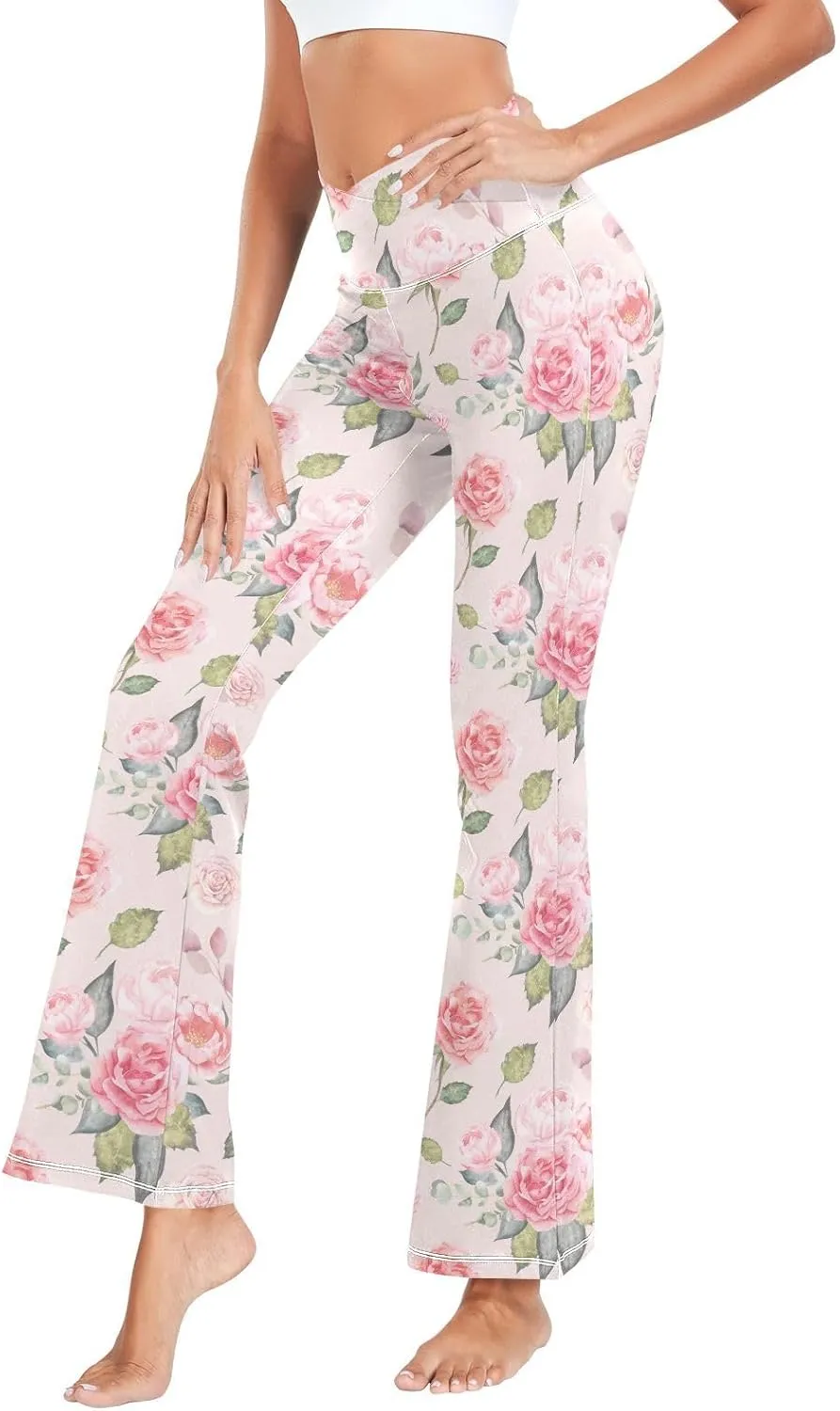 ALAZA Women's Watercolor Pink Roses Blooming Garden Flowers Flare Yoga Pants