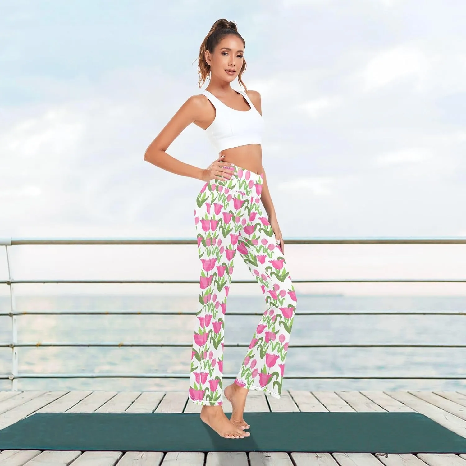 ALAZA Women's Watercolor Pink Roses Blooming Garden Flowers Flare Yoga Pants