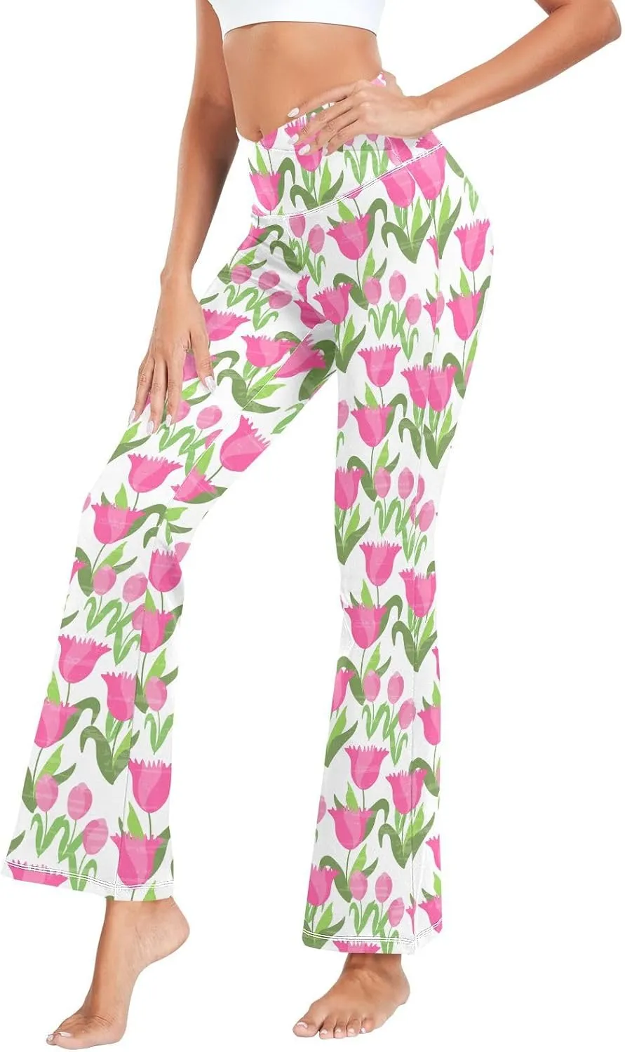 ALAZA Women's Watercolor Pink Roses Blooming Garden Flowers Flare Yoga Pants