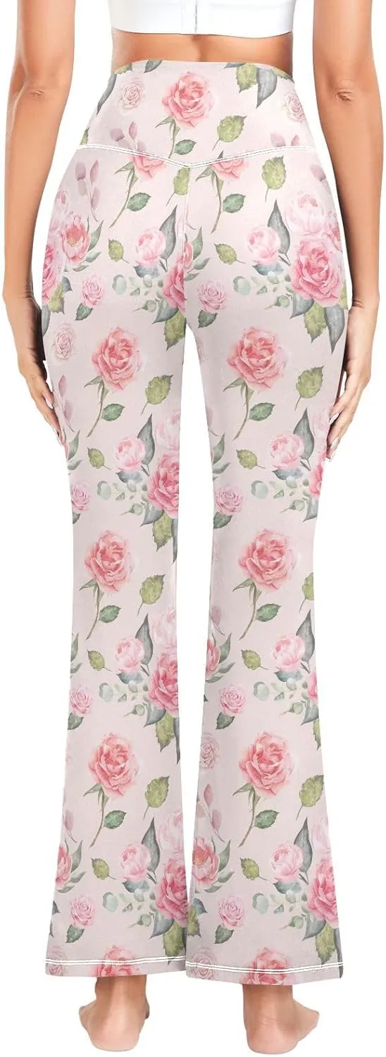 ALAZA Women's Watercolor Pink Roses Blooming Garden Flowers Flare Yoga Pants