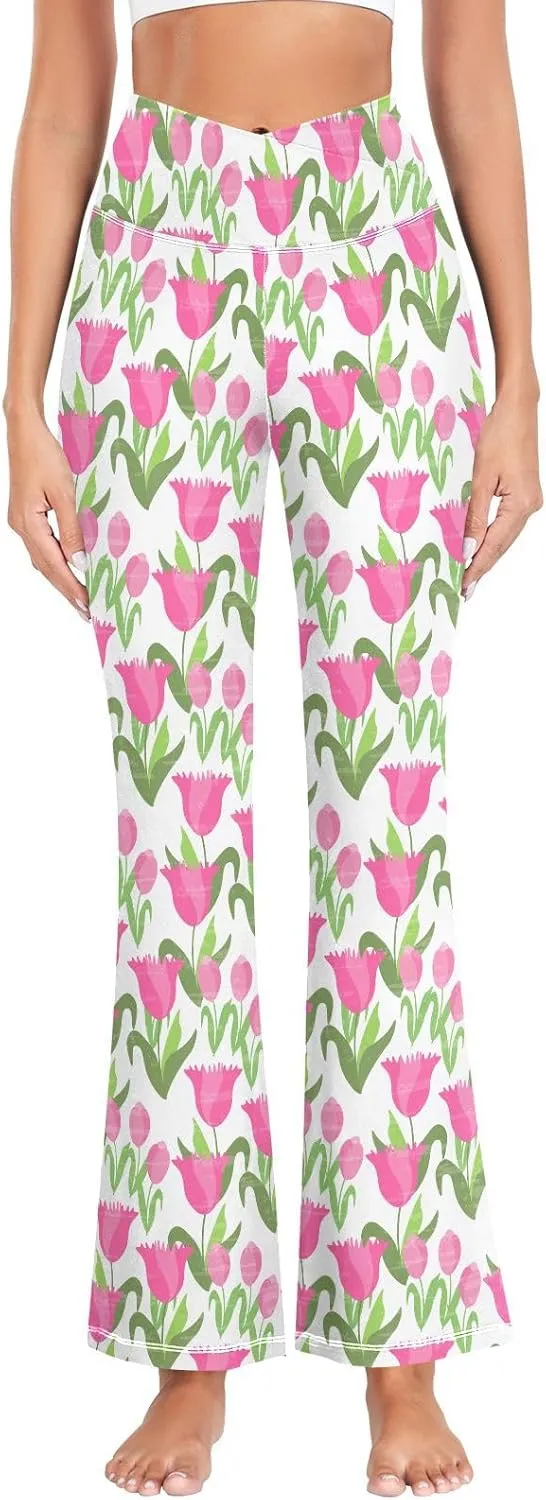 ALAZA Women's Watercolor Pink Roses Blooming Garden Flowers Flare Yoga Pants