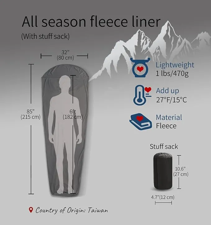 All Season Fleece Sleeping Bag Liner Adds Up to 27°F/ 15°C, Lightweight Mummy Sleeping Sack for Cold Weather and Winter Backpacking, Camping, Traveling with Drawstring Hood and Stuff Sack E629